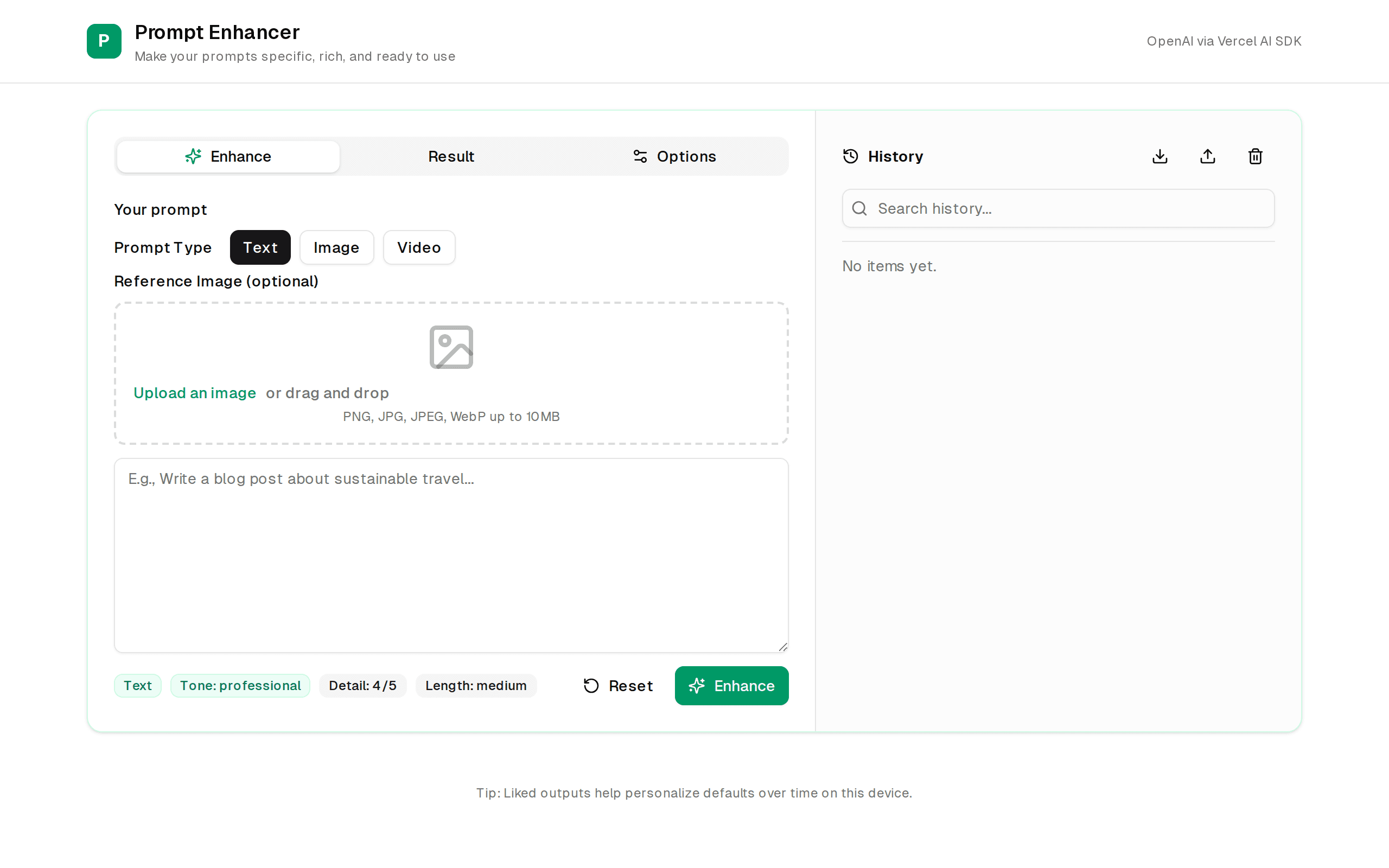 AI Prompt Enhancer homepage screenshot