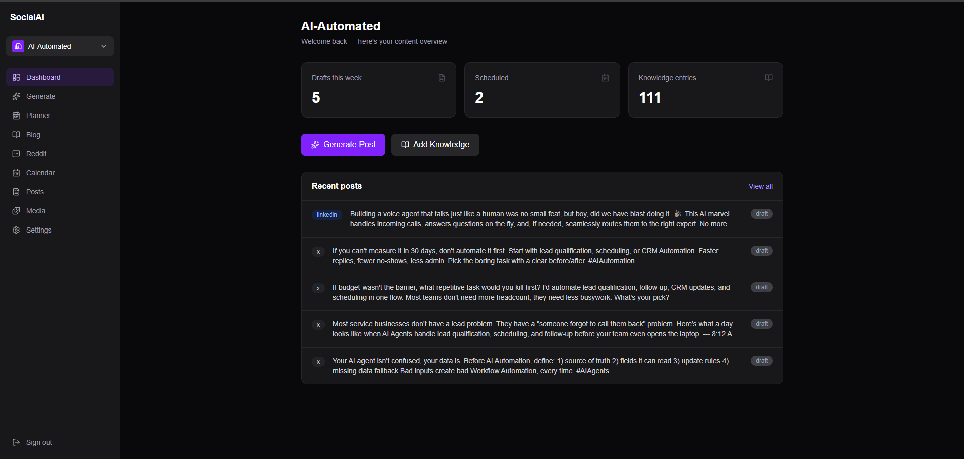 AI Social Media Manager homepage screenshot